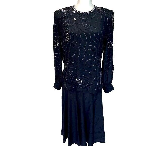 Argenti Notte Beaded Silk Skirt Set Womens Size Medium M Vintage Zipper Black