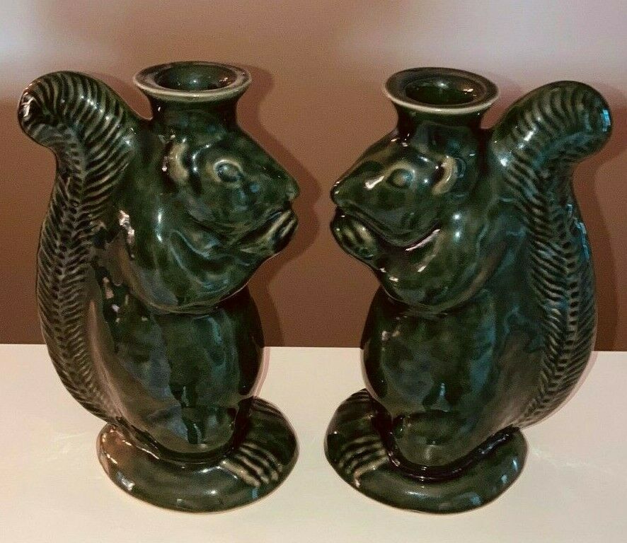 Pair Of Green Redware? Rowe? Squirrel Candle Holders Figural Art Pottery